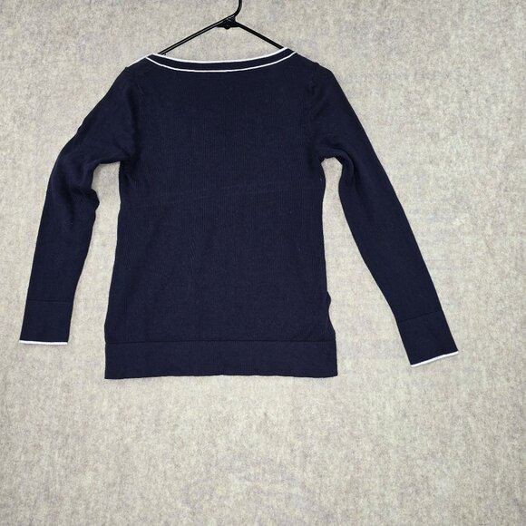 Ann Taylor Loft Navy Pullover Sweater With Button Shoulder & White Trim Accents - Picture 2 of 5